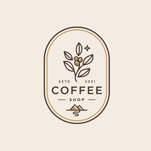 Logo Kawiarni Retro Odznaka Ziarna Kawy I Gałąź Liścia Z Logo Znaczka Górskiej Naturalnej Ikony Linii