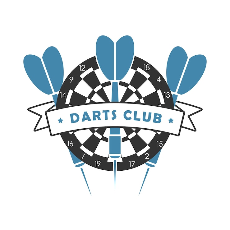 Wektor logo klubu rzutek. szablon do godła sportowego z dart, tarczą i wstążką. ilustracja wektorowa.