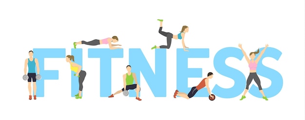 Logo Koncepcji Fitness Na Białym Tle Duże Litery Ze Sportowcami Wykonującymi ćwiczenia