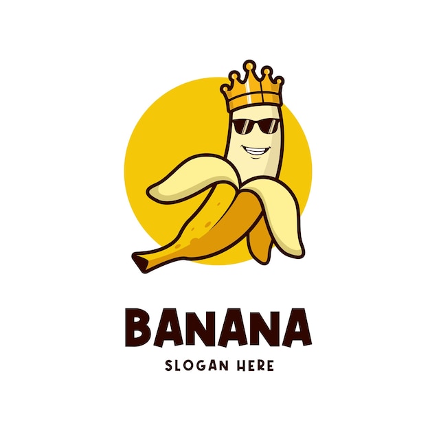 Plik wektorowy logo króla bananów. bananowa ilustracja z koroną i fajnymi okularami