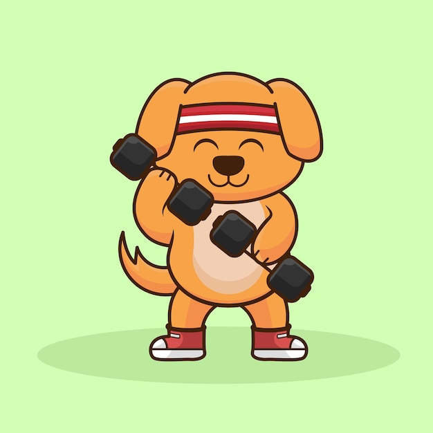 Plik wektorowy logo maskotki golden retriever szczeniak podnoszenia hantle gym workout logo słodkie naklejki stylu cartoon