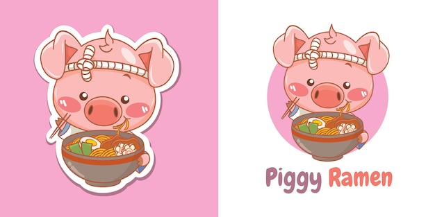 Logo Maskotki Szefa Kuchni Słodkiej świni Jedzącej Japońskie Jedzenie Ramen