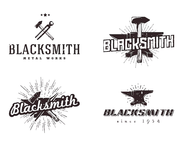 Logo metalurgii. Zestaw odznak kowalskich i ślusarskich. Styl Vintage, monochromatyczne kolory.