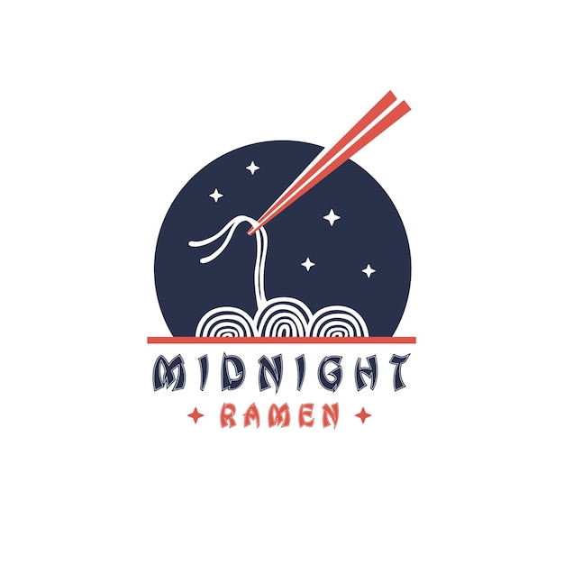 Logo Midnight Ramen Z Sylwetką Z Makaronem Ramen I Nocnym Nastrojem. Japońskie Jedzenie Ramen Restauracja Wektor Ikona Logo Design