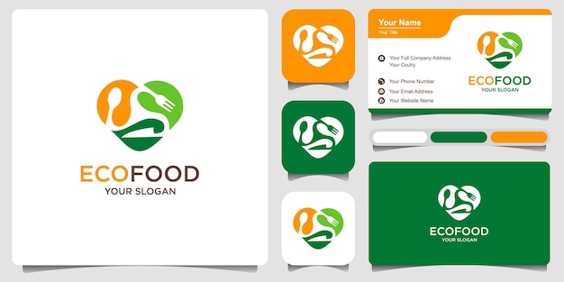 Logo Miłości Ekologicznej żywności I Logo Zdrowej żywności. łyżka Kombinowana, Widelec, Nóż, W Kształcie Serca I Liścia