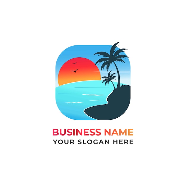 Plik wektorowy logo morza i przyrody. logo palmy. projektowanie logo plaży morskiej. wyspa logo podróży projektowanie logo na zewnątrz