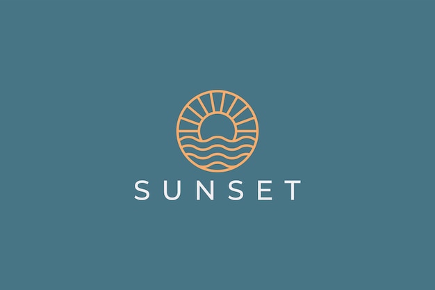 Logo Odznaka Hipster Złoty Zachód Słońca Z Plażą Ocean Woda Morska Liniowy Zarys Business Resort I Hot