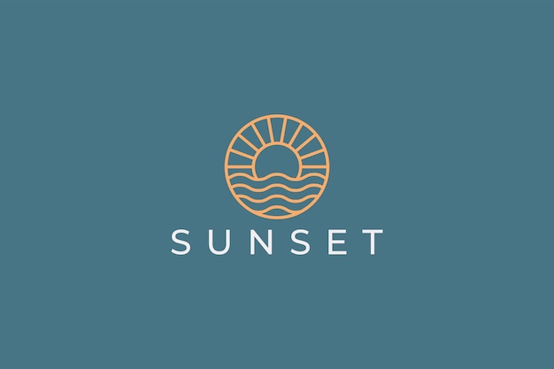 Logo odznaka Hipster złoty zachód słońca z plażą Ocean woda morska liniowy zarys Business Resort i Hot