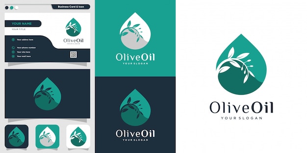 Logo Oliwy Z Oliwek I Szablon Projektu Wizytówki, Kropla, Marka, Olej, Uroda, Zielony, Ikona, Zdrowie,