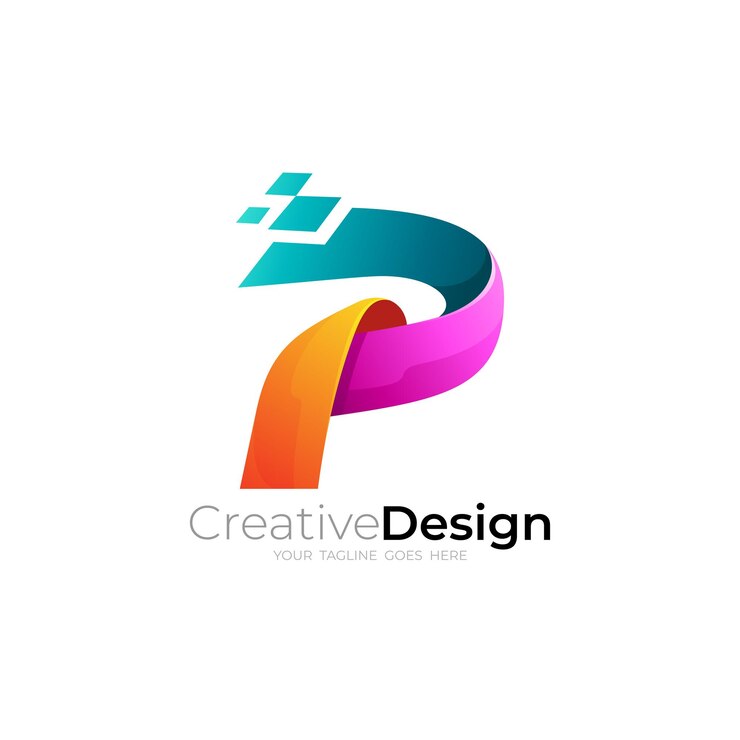 Wektor logo p z technologią projektowania pikseli 3d kolorowa ikona kwadratowa