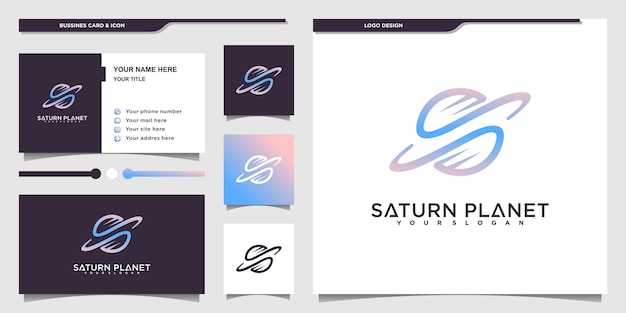 Logo Planety Saturn Z Unikalnym Stylem Grafiki Liniowej I Projektem Wizytówki Premium Vektor