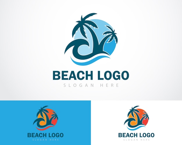 Logo Plaży Kreatywny Projekt Koncepcja Słońce Wschód Słońca Logo Podróży Drzewo Projekt Naturalny Tropikalny Emblemat