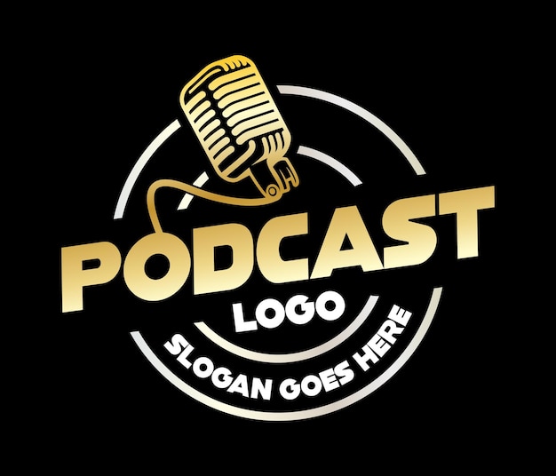 Logo podcastu z złotym mikrofonem i designem okrągłym