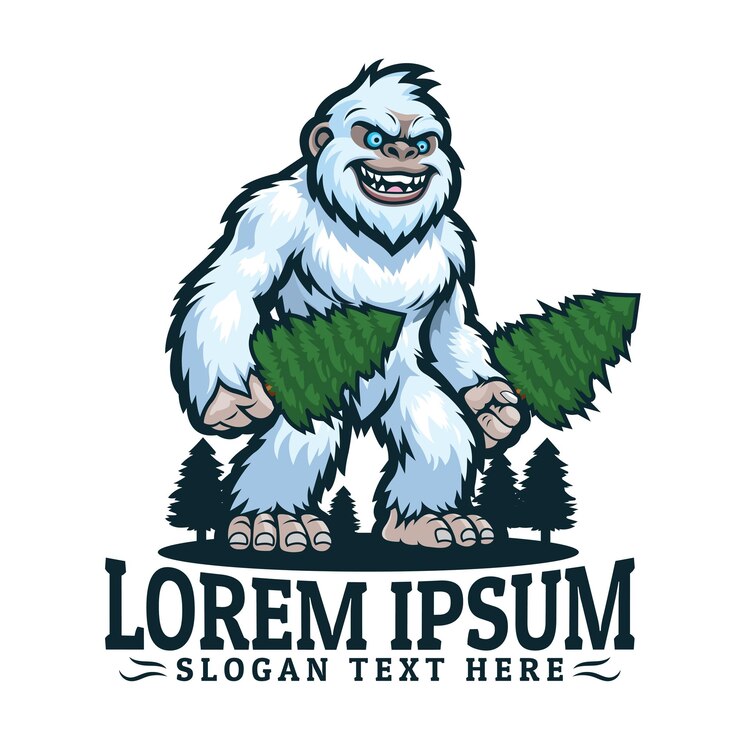 Wektor logo potwora yeti, maskotka, potwór śnieżny yeti z drzewem świerkowym, ilustracja wektorowa, potwór o dużych stopach