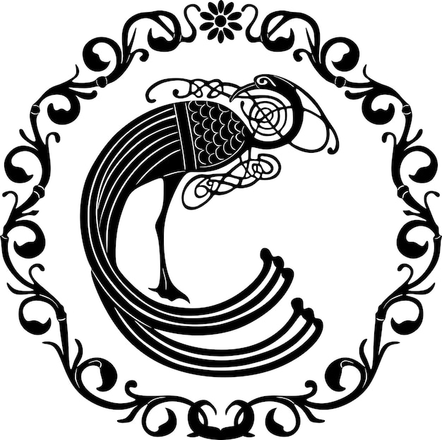 Logo Ptaka Bażanta Z Kwiecistą Ramą Ręcznie Projektowany Wektor