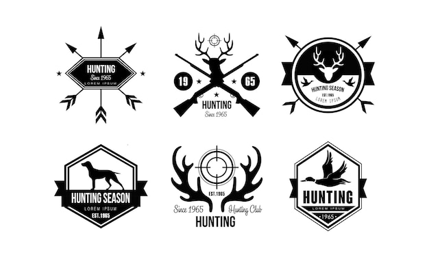 Plik wektorowy logo sezonu łowieckiego dzikiej przyrody podróże przygoda retro etykiety wektor ilustracja izolowana na białym tle