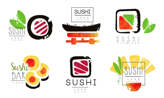 Plik wektorowy logo sushi bar oryginalny projekt kolekcja wschodnie japońskie odznaki owoców morza akwarela ilustracja wektorowa