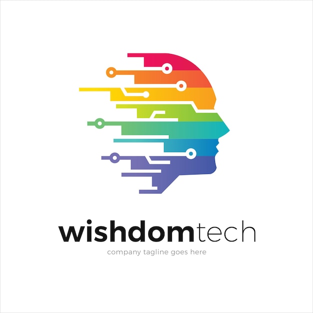 Logo technologii i mądrości z kolorową cyfrową głowicą i liniami obwodów