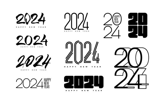 Logo Typograficzne Szczęśliwego Nowego Roku 2024 Do Projektowania Banerów Lub Kalendarza Ilustracja Wektorowa Wakacji Zestaw Etykiet Numerycznych 2024 Nowy Rok 2024 I Boże Narodzenie Na Białym Tle Znaki