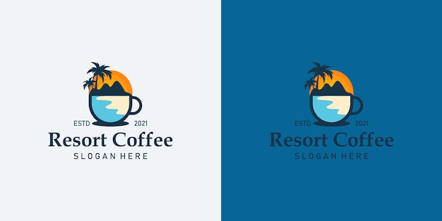 Logo Vintage Coffee Beach, Filiżanka Kawy Z Ilustracją Ikony Logo Wyspy Plaży