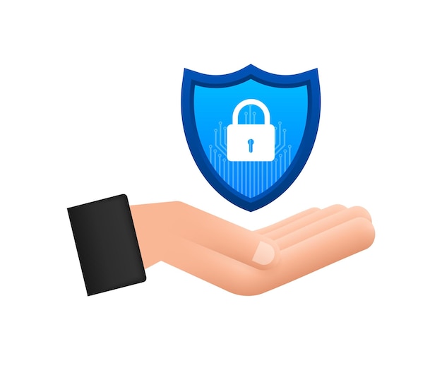 Logo wektor bezpieczeństwa cybernetycznego z tarczą i znacznikiem wyboru Ręce trzymające znak bezpieczeństwa cybernetycznego