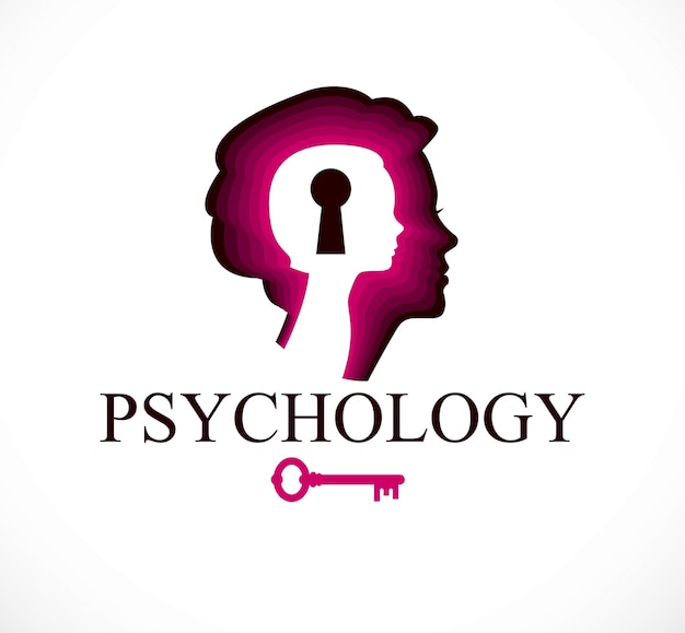 Logo Wektor Psychologii Stworzone Z Profilem Głowy Kobiety I Małą Dziewczynką Wewnątrz Z Dziurką Od Klucza, Wewnętrznym Dzieckiem, Kluczem Do Ludzkiej Indywidualności I Koncepcji Problemów Psychicznych. Koncepcja Terapii I Analizy.