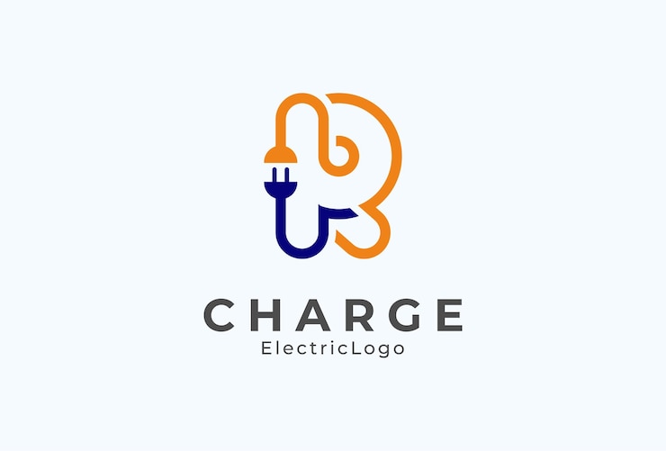 Wektor logo wtyczki elektrycznej litery r, kombinacja litery r i wtyczki, szablon logo płaskiej konstrukcji