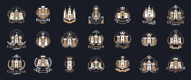 Logo Zamków Duży Zestaw Wektorów, Kolekcja Herbów Vintage Heraldycznych Fortec, Elementy Heraldyki W Klasycznym Stylu, Starożytne Forty I Cytadele.