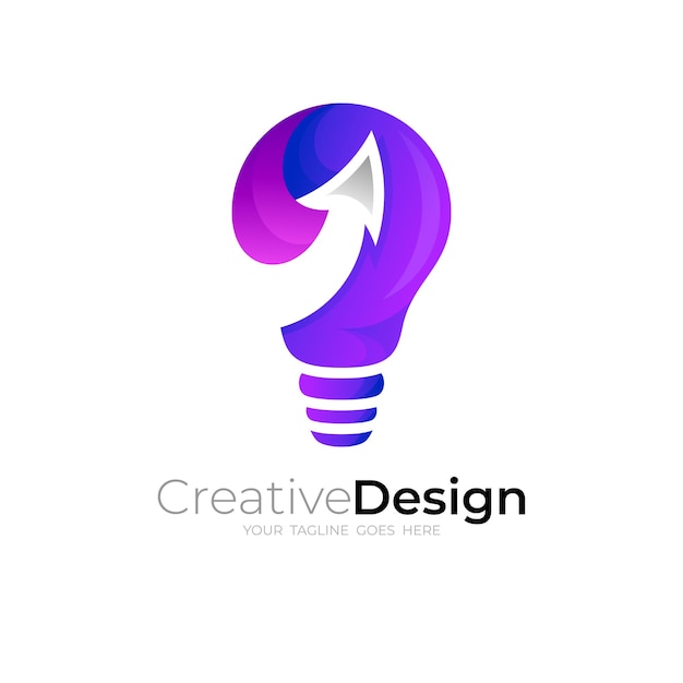 Logo żarówki z projektem strzałki, kolorowa ikona 3dd