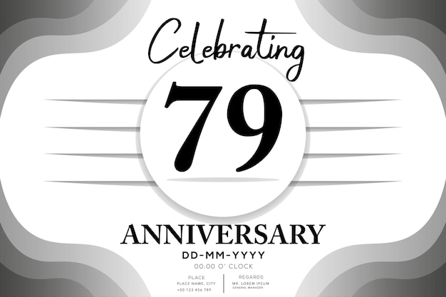 Plik wektorowy logotyp z okazji 79. rocznicy z wieloma srebrnymi liniami na białym tle na czarnym tle