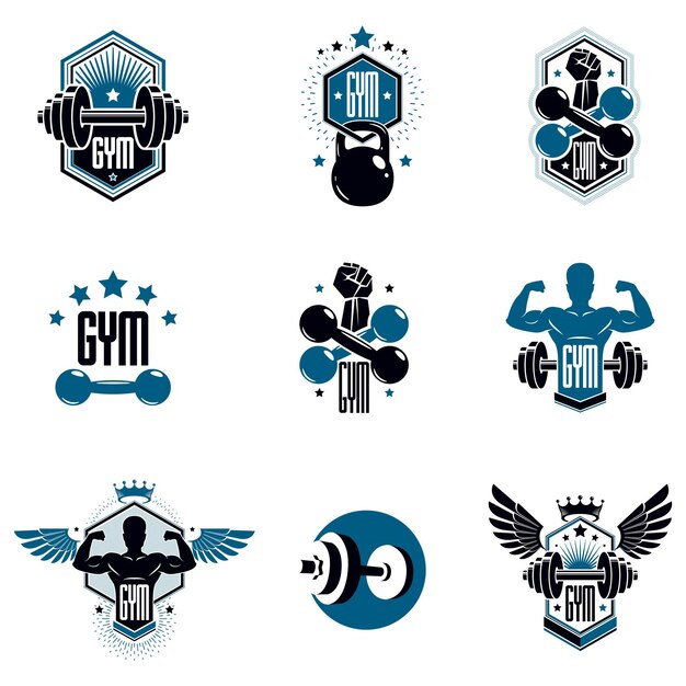 Logotypy dla heavyweight gym lub fitness sport gymnasium, zestaw emblematów w stylu vintage wektor.