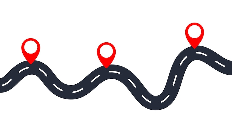 Lokalizacja GPS czerwona szpilka na ścieżce ilustracja drogi asfaltowej