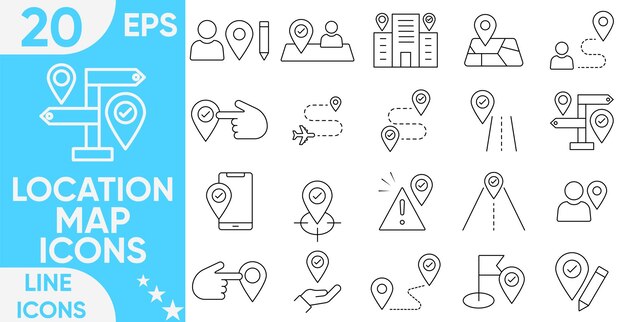 Lokalizacja Mapa Linia Ikona Ustaw adres punkt orientacyjny miejsce nawigacja GPS kompas geolokalizacja Zawierająca mapę mapę trasę pin i więcej Zestaw wektorów i ilustratorów