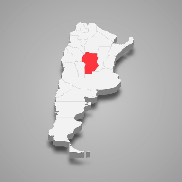 Lokalizacja regionu Cordoba na mapie 3d Argentyny