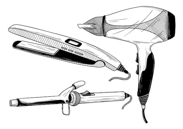 Plik wektorowy lokówka, prostownica i suszarka do włosów na białym tle. ilustracja