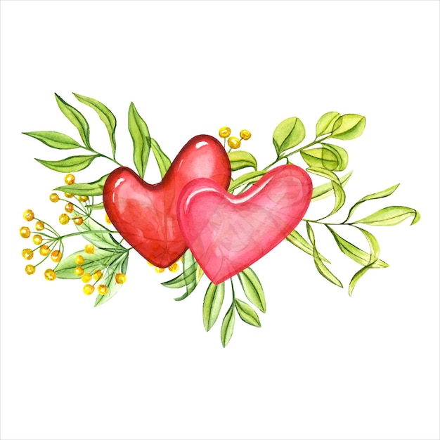 Plik wektorowy loli w kształcie serca na tle zielonych przezroczystych liści i żółtych kwiatów jasne serca