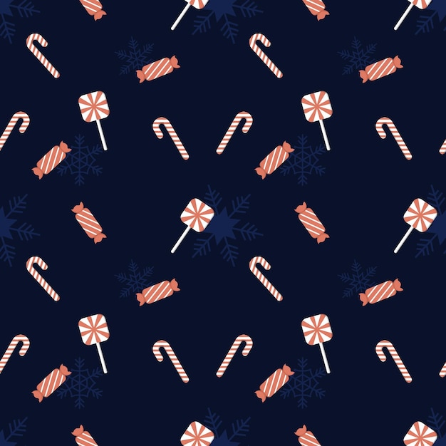 Lollipop Candy Cane w kolorze czerwonym i białym na ciemnoniebieskim BG z tłem bez szwu płatka śniegu Najlepsze na zimowe wakacje tkaniny giftwrap scrapbooking kartki okolicznościowe projekty projektowe