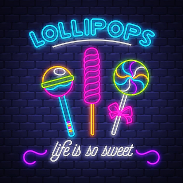 Lollipops Shop-neon Zarejestruj Wektor. Lollipops Shop - Neon Na Tle Ceglanego Muru