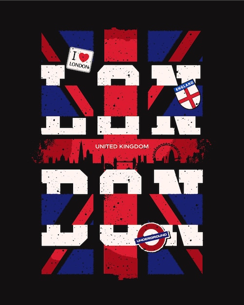 LONDON FLAG Ilustracja graficzna koszulka retro Zjednoczone Królestwo