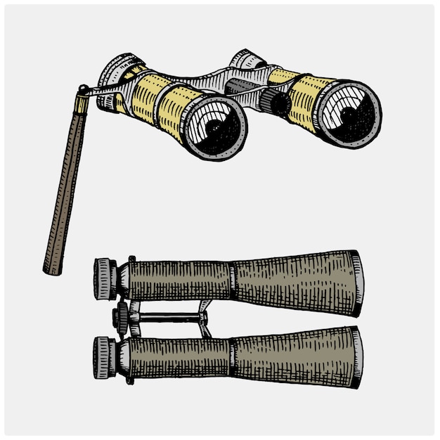 Lornetka Monokularowa Vintage, Grawerowana Ręka Narysowana W Stylu Szkicu Lub Cięcia Drewna, Stary Wygląd Retro Scinetific Instrument Do Odkrywania I Odkrywania.