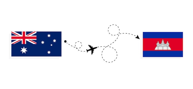 Lot I Podróż Z Australii Do Kambodży Samolotem Pasażerskim. Trasa Samolotu I Flagi Państw. Koncepcja Podróży