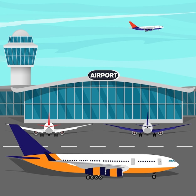 Lotniskowy Terminal Budowlany Wieża Kontrolna Samolot Startujący Samoloty Na Uciekającej Ilustracji Wektorowych Płaski