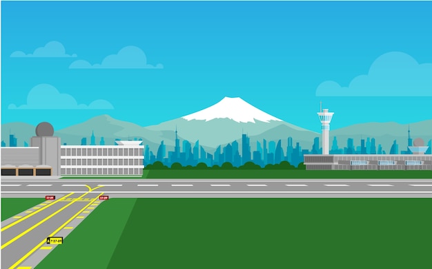 Lotniskowy terminal z pasem startowym i Fuji górą w tle