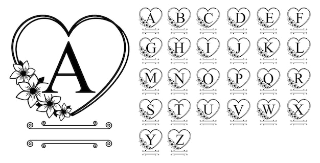 Love Heart Monogram Letter, Kwiatowy Alfabet Az Vector Design, Flower Letter Set Vector Design