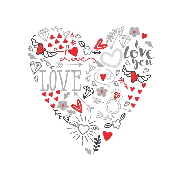 Plik wektorowy love you ręcznie napis i doodles elementy tła w kształcie serca