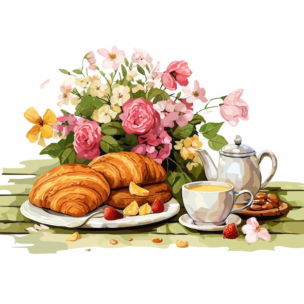 Plik wektorowy lovely_spring_picnic_scene_with_croissant_flower