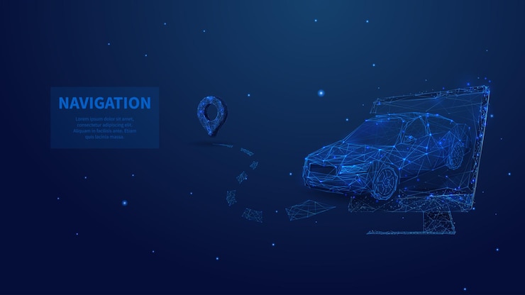Wektor low poly samochód 3d wyjeżdżający z ekranu w ciemnoniebieskim tle nawigacji gps