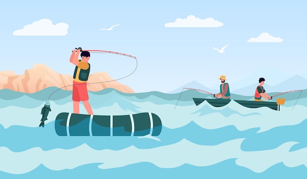 Plik wektorowy Łowienie ryb sport i hobby ludzie w pontonach trzymający wędkę z rybą mężczyźni spędzający czas wolny na wakacjach