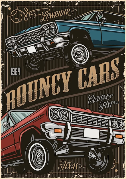 Plik wektorowy lowrider samochody rocznika kolorowy plakat