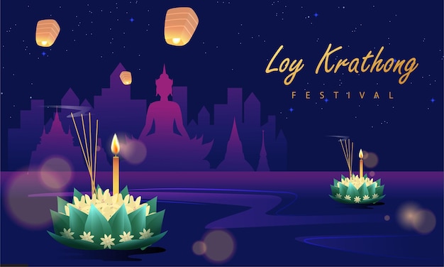 Loy Krahong Festiwal Podróży Tajlandia Plakat Projekt Tło Wektor Ilustracja